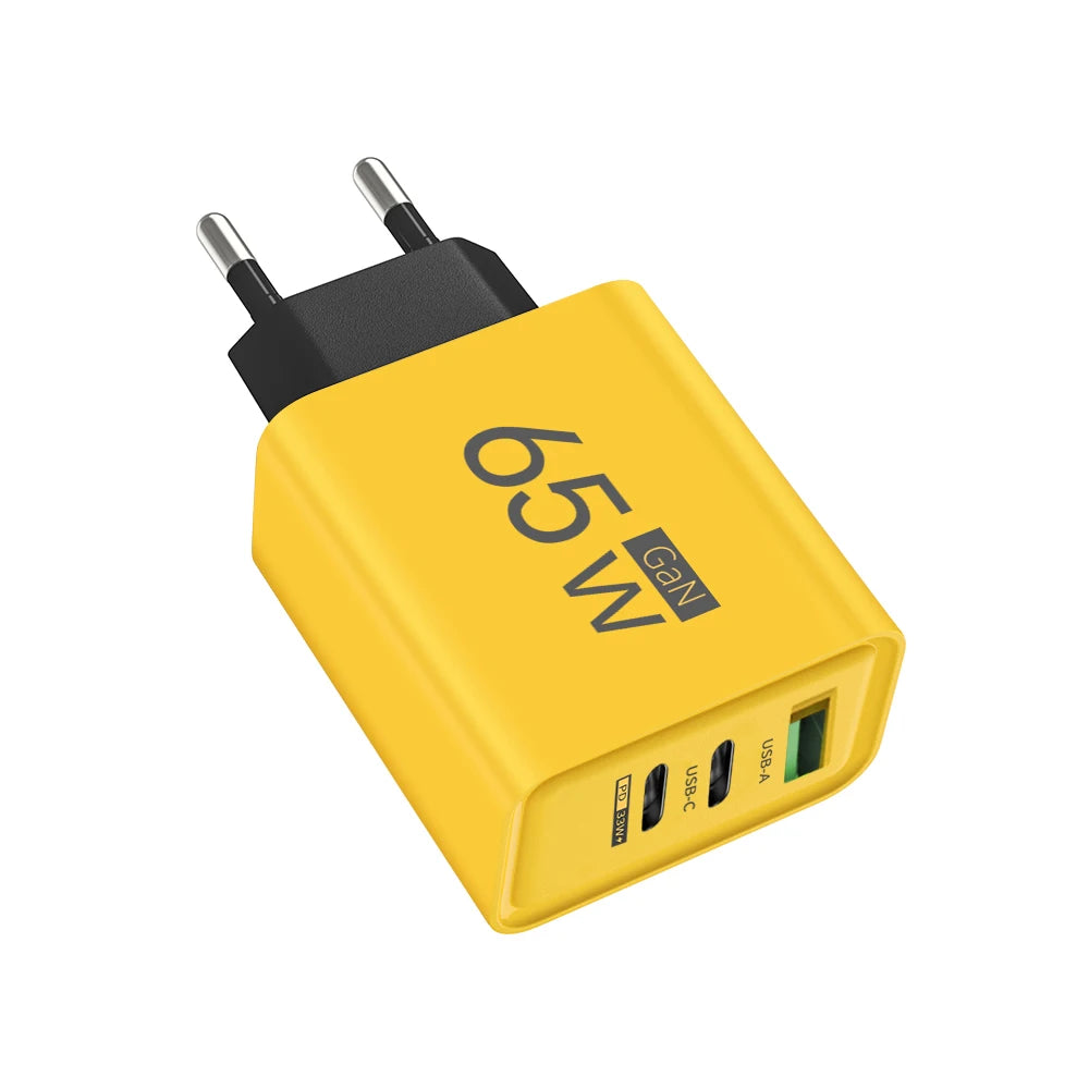 GaN 65W Type C PD Charger 3 Ports USB Fast Charging Cellphone Adapter Quick Charger 3.0 For iPhone 15 14 Xiaomi Samsung Huawei