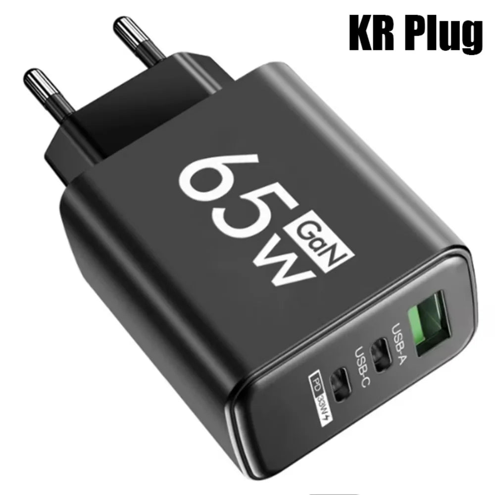 GaN 65W Type C PD Charger 3 Ports USB Fast Charging Cellphone Adapter Quick Charger 3.0 For iPhone 15 14 Xiaomi Samsung Huawei
