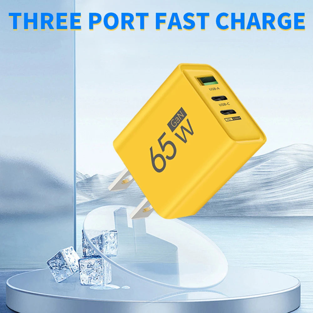 GaN 65W Type C PD Charger 3 Ports USB Fast Charging Cellphone Adapter Quick Charger 3.0 For iPhone 15 14 Xiaomi Samsung Huawei