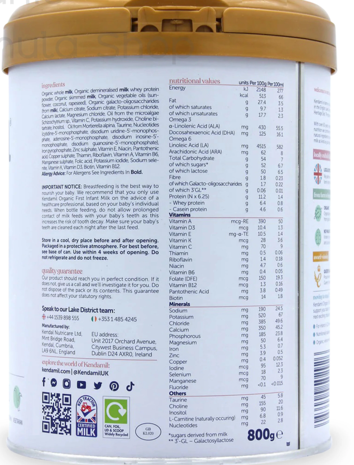 Kendamil UK Organic Cow Formula - Stage 1 X 3 Cans 800g