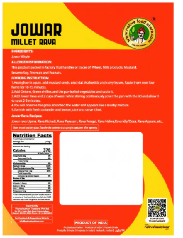 NATIVE FOOD STORE MILLET RAVA 500G - CHOLAM (JOWAR - SORGHUM)