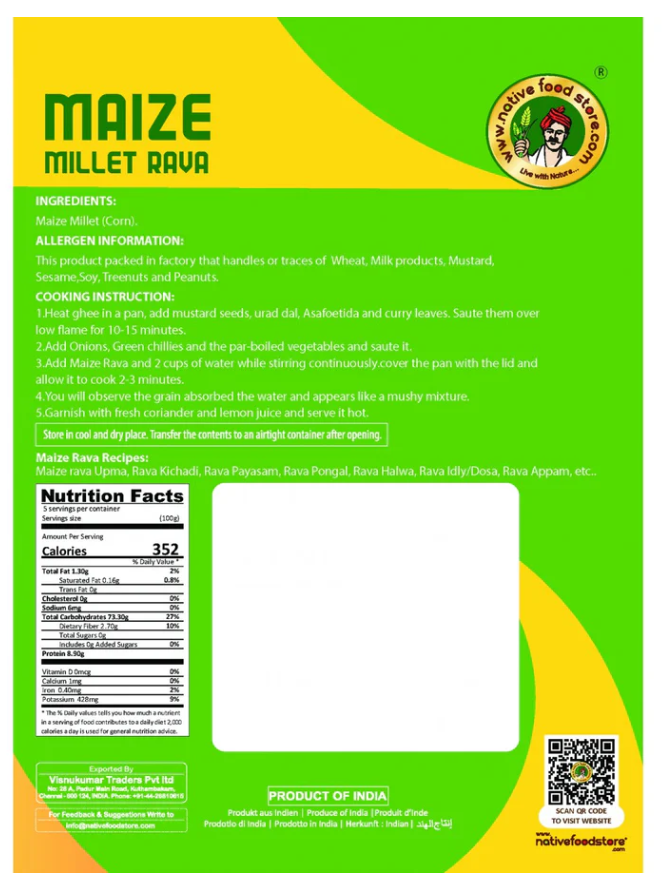 NATIVE FOOD STORE MILLET RAVA 500G - MAKKA CHOLAM (MAIZE - CORN)