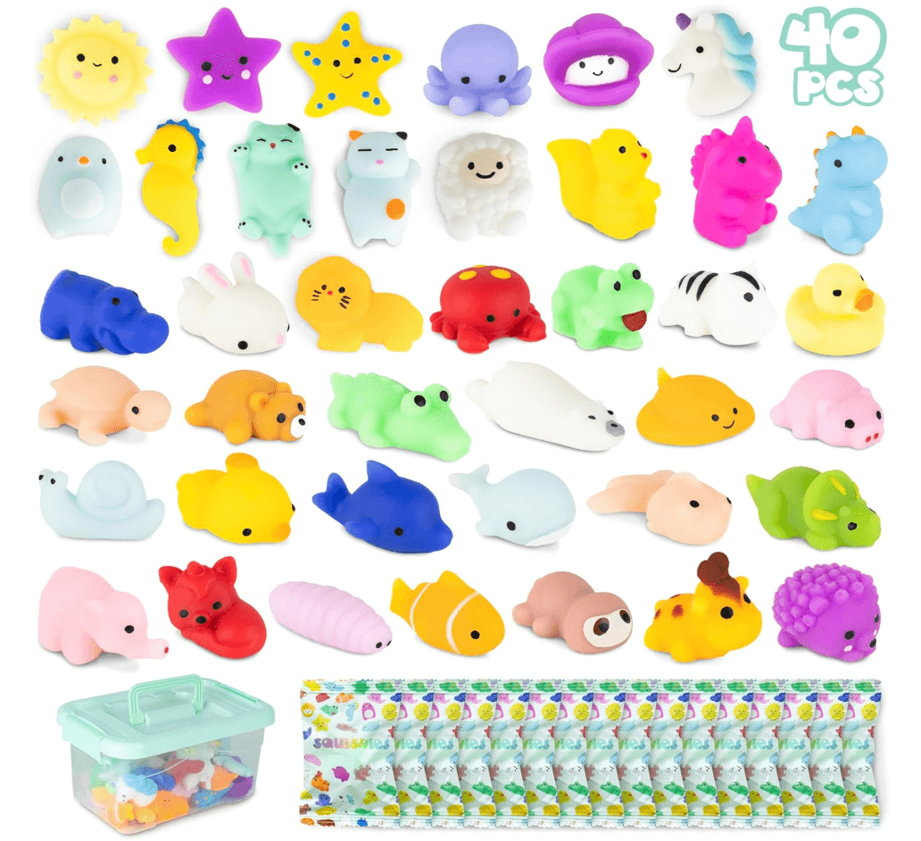 MONKY 40 Mochi Squishy Toys for Party Bag Fillers for Kids Unisex, Pack 40 Kids' Party Favours. Squishy Fidget Toys Pack, Pinata Filler Boys Girls. Return Gifts Birthday, Classroom Prizes Kawaii