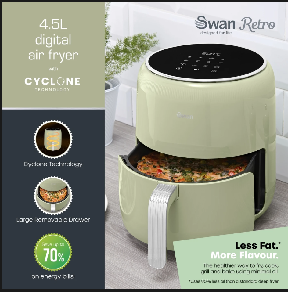 Swan Retro Digital Air Fryer with Swan Cyclone Technology - Green, 4.5L, 1500W, 8 Pre Set Cooking Options, SD10513GRN