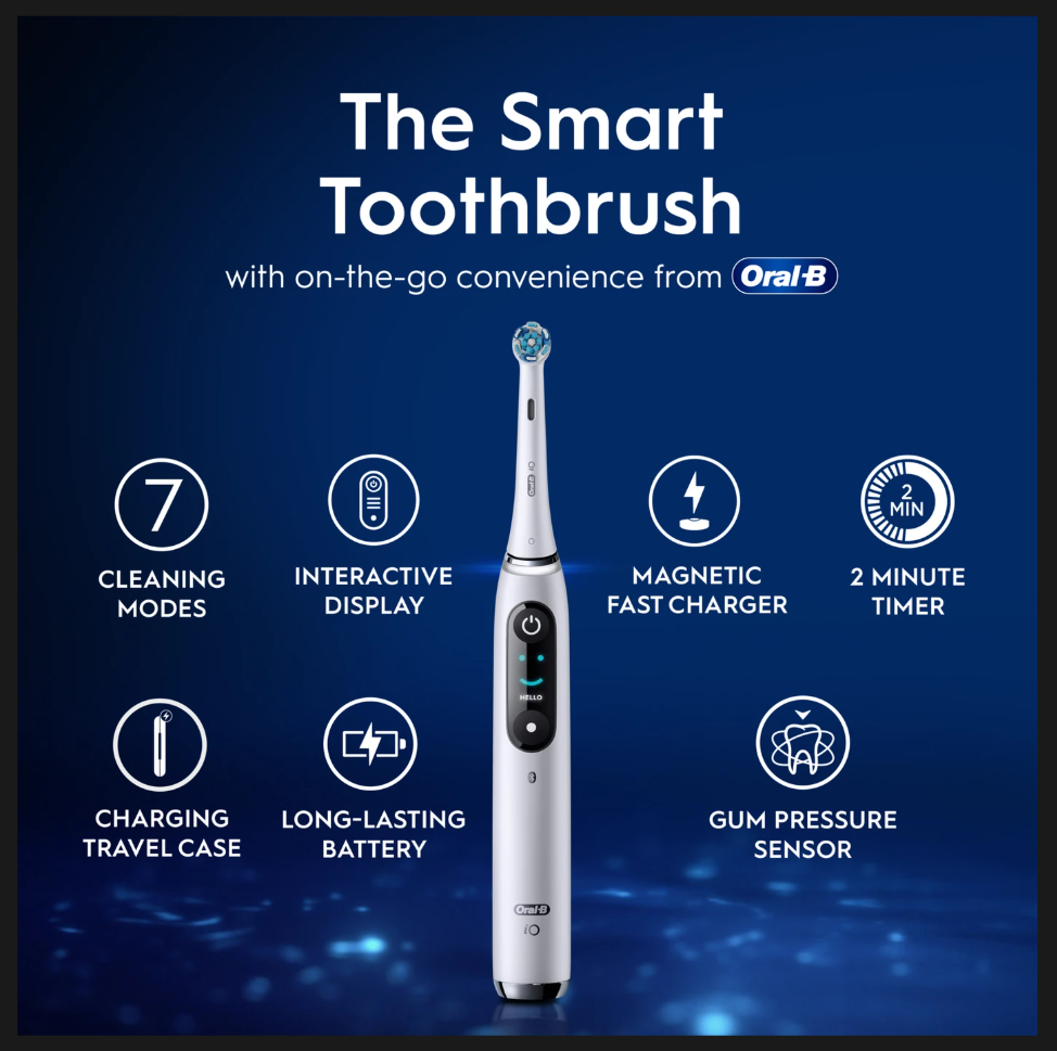 Oral-B iO9 Adult Electric Toothbrush, App Connected, 1 Toothbrush Head & Charging Travel Case, 7 Modes with Teeth Whitening, 2 Pin UK Plug, White
