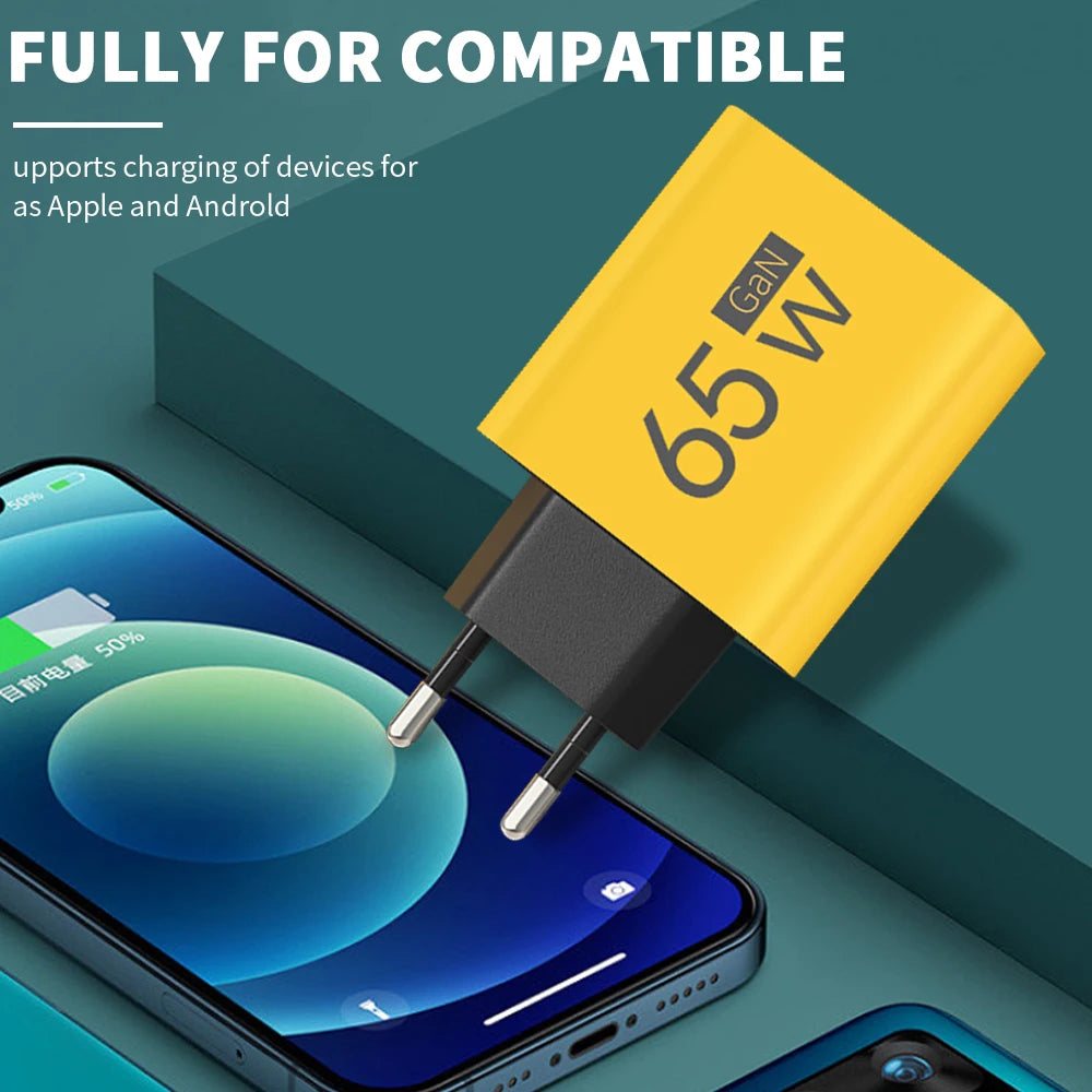 GaN 65W Type C PD Charger 3 Ports USB Fast Charging Cellphone Adapter Quick Charger 3.0 For iPhone 15 14 Xiaomi Samsung Huawei