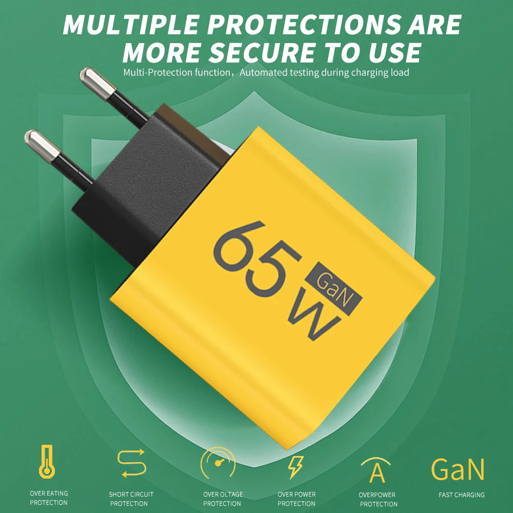 GaN 65W Type C PD Charger 3 Ports USB Fast Charging Cellphone Adapter Quick Charger 3.0 For iPhone 15 14 Xiaomi Samsung Huawei