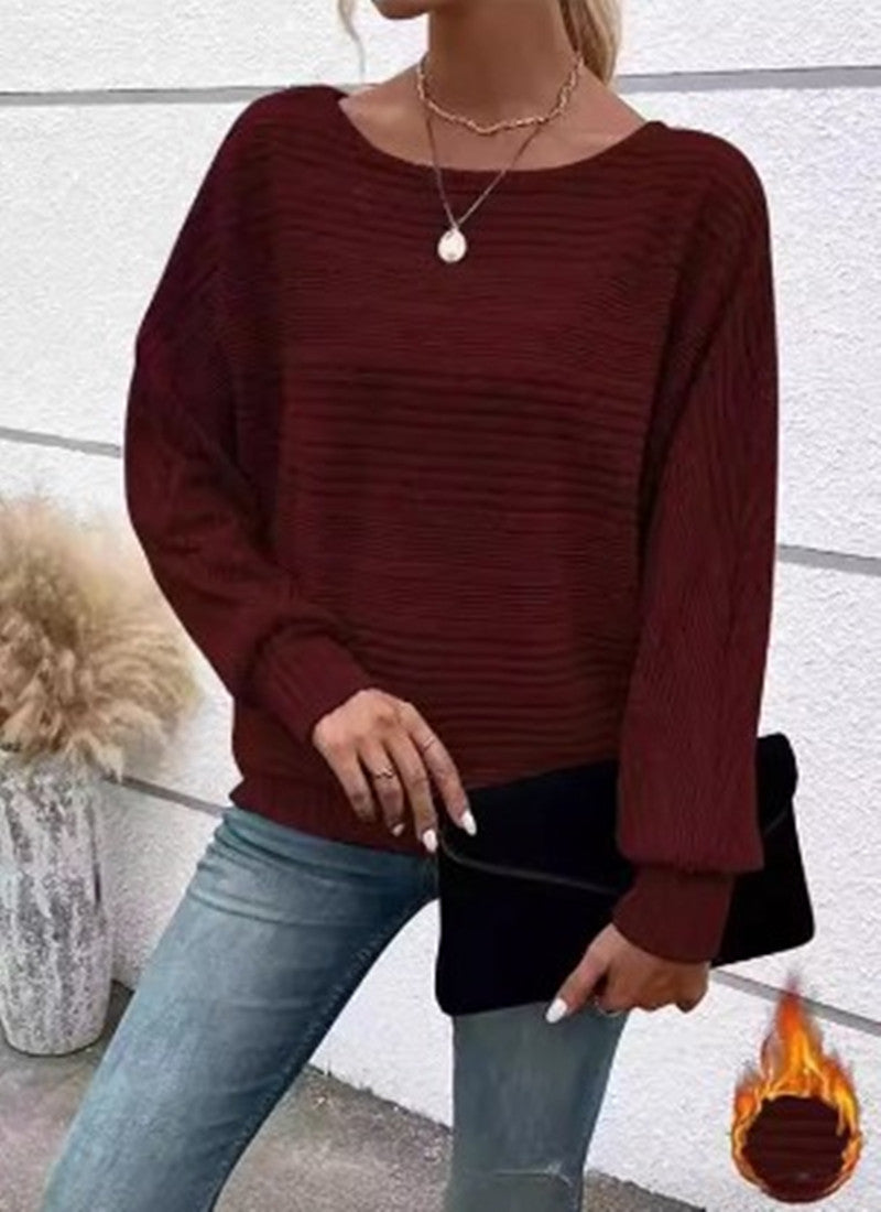 Solid Striped Batwing Sleeves T-shirt Fashion Casual Pullover Round Neck Long Sleeve Top Spring And Autumn Women's Clothing