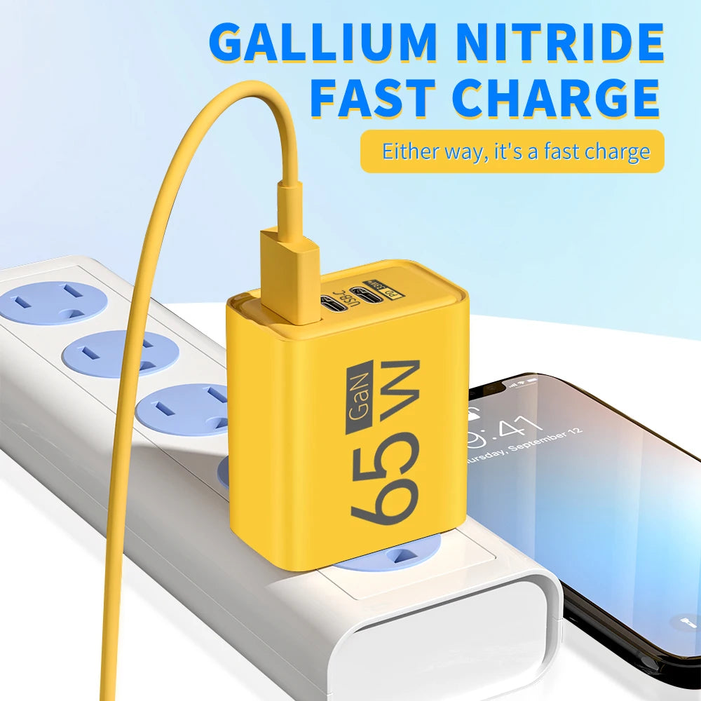 GaN 65W Type C PD Charger 3 Ports USB Fast Charging Cellphone Adapter Quick Charger 3.0 For iPhone 15 14 Xiaomi Samsung Huawei