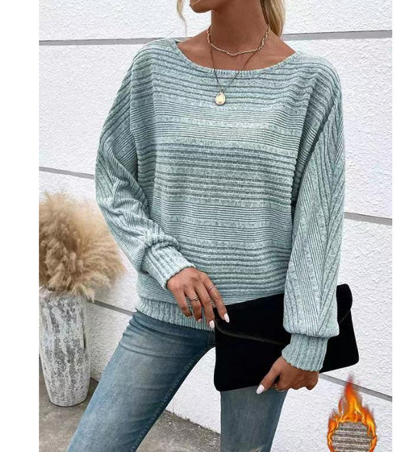 Solid Striped Batwing Sleeves T-shirt Fashion Casual Pullover Round Neck Long Sleeve Top Spring And Autumn Women's Clothing