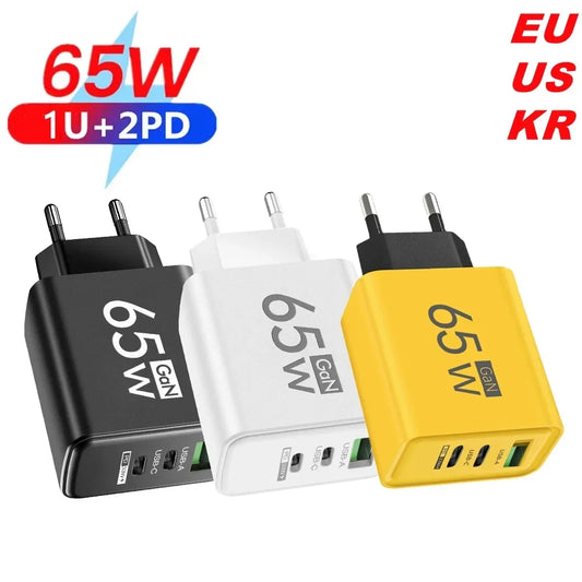 GaN 65W Type C PD Charger 3 Ports USB Fast Charging Cellphone Adapter Quick Charger 3.0 For iPhone 15 14 Xiaomi Samsung Huawei