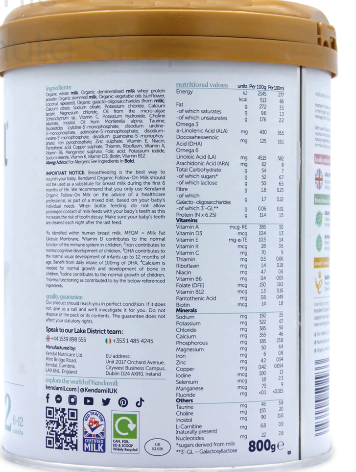 Kendamil UK Organic Cow Formula - Stage 2 X 3 800g