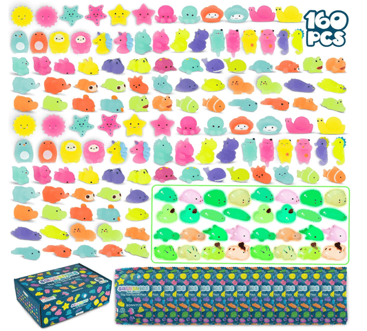 MONKY Mochi Squishy Toys for Party Bag Fillers for Kids Unisex Pack 160. Kids' Party Favours with Glow in the Dark, Squishy Fidget Toys Pack. Pinata Filler Birthday Boys Girls, Return Gifts Kawaii