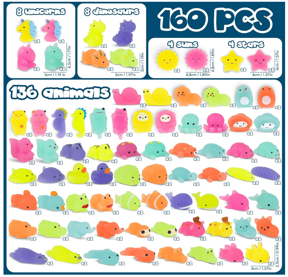 MONKY Mochi Squishy Toys for Party Bag Fillers for Kids Unisex Pack 160. Kids' Party Favours with Glow in the Dark, Squishy Fidget Toys Pack. Pinata Filler Birthday Boys Girls, Return Gifts Kawaii