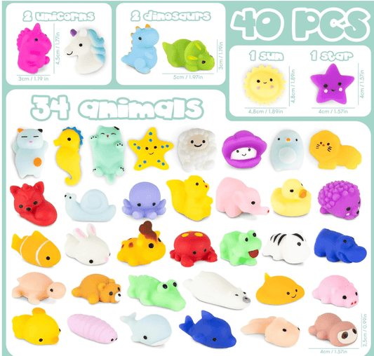 MONKY 40 Mochi Squishy Toys for Party Bag Fillers for Kids Unisex, Pack 40 Kids' Party Favours. Squishy Fidget Toys Pack, Pinata Filler Boys Girls. Return Gifts Birthday, Classroom Prizes Kawaii