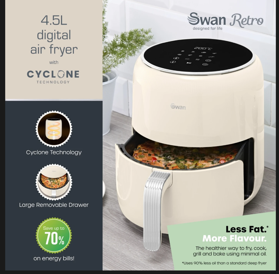 Swan Retro Digital Air Fryer with Swan Cyclone Technology - Cream, 4.5L, 1500W, 8 Pre Set Cooking Options, SD10513CRM
