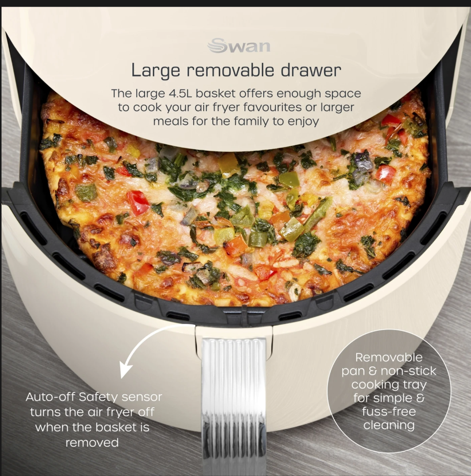 Swan Retro Digital Air Fryer with Swan Cyclone Technology - Cream, 4.5L, 1500W, 8 Pre Set Cooking Options, SD10513CRM
