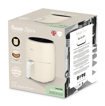 Swan Retro Digital Air Fryer with Swan Cyclone Technology - Cream, 4.5L, 1500W, 8 Pre Set Cooking Options, SD10513CRM