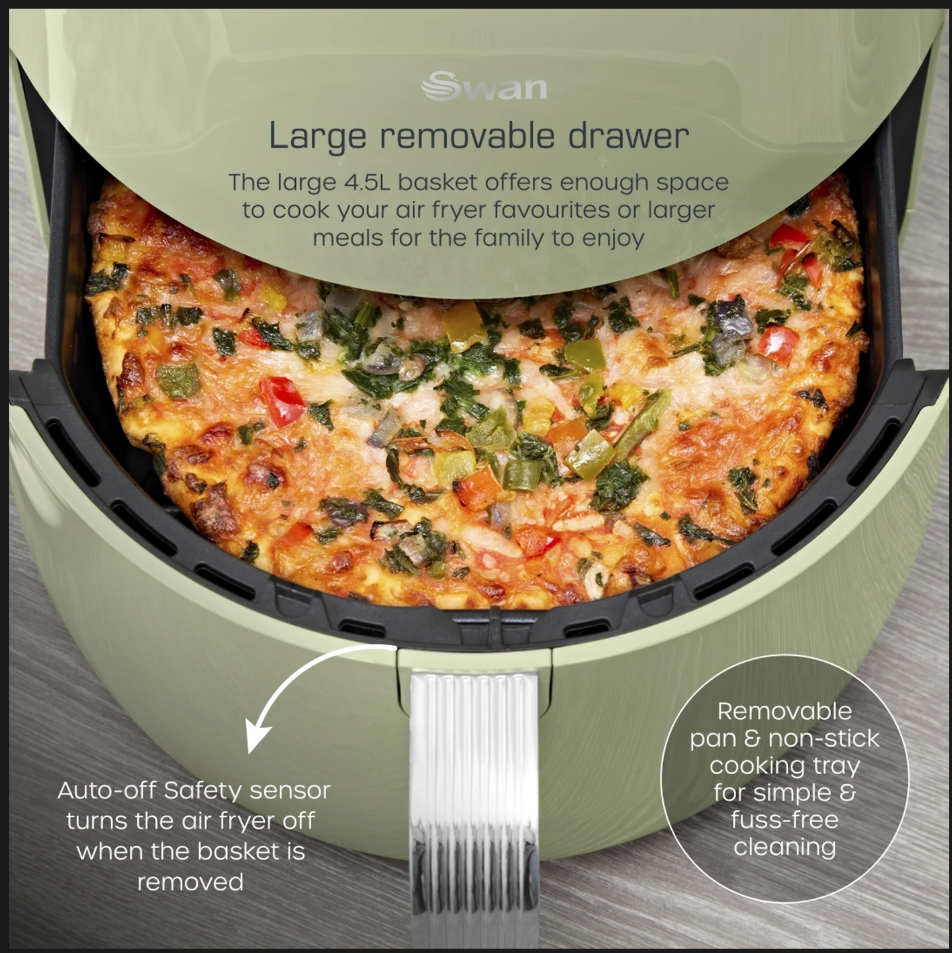 Swan Retro Digital Air Fryer with Swan Cyclone Technology - Green, 4.5L, 1500W, 8 Pre Set Cooking Options, SD10513GRN