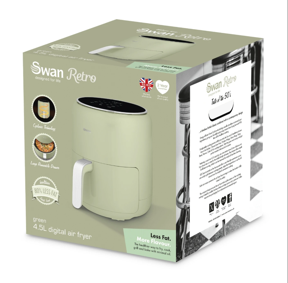 Swan Retro Digital Air Fryer with Swan Cyclone Technology - Green, 4.5L, 1500W, 8 Pre Set Cooking Options, SD10513GRN