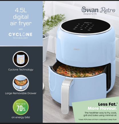 Swan Retro Digital Air Fryer with Swan Cyclone Technology - Blue, 4.5L, 1500W, 8 Pre Set Cooking Options, SD10513BLU