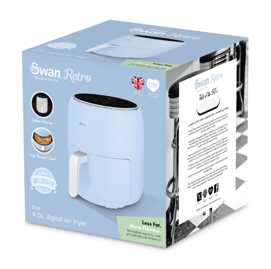 Swan Retro Digital Air Fryer with Swan Cyclone Technology - Blue, 4.5L, 1500W, 8 Pre Set Cooking Options, SD10513BLU