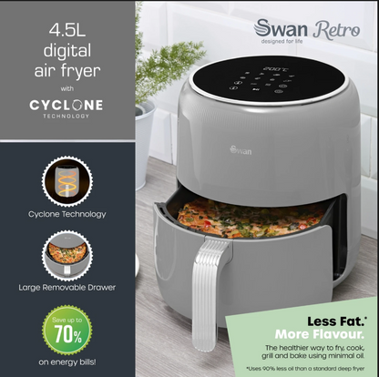 Swan Retro Digital Air Fryer with Swan Cyclone Technology - Grey, 4.5L, 1500W, 8 Pre Set Cooking Options, SD10513GRY