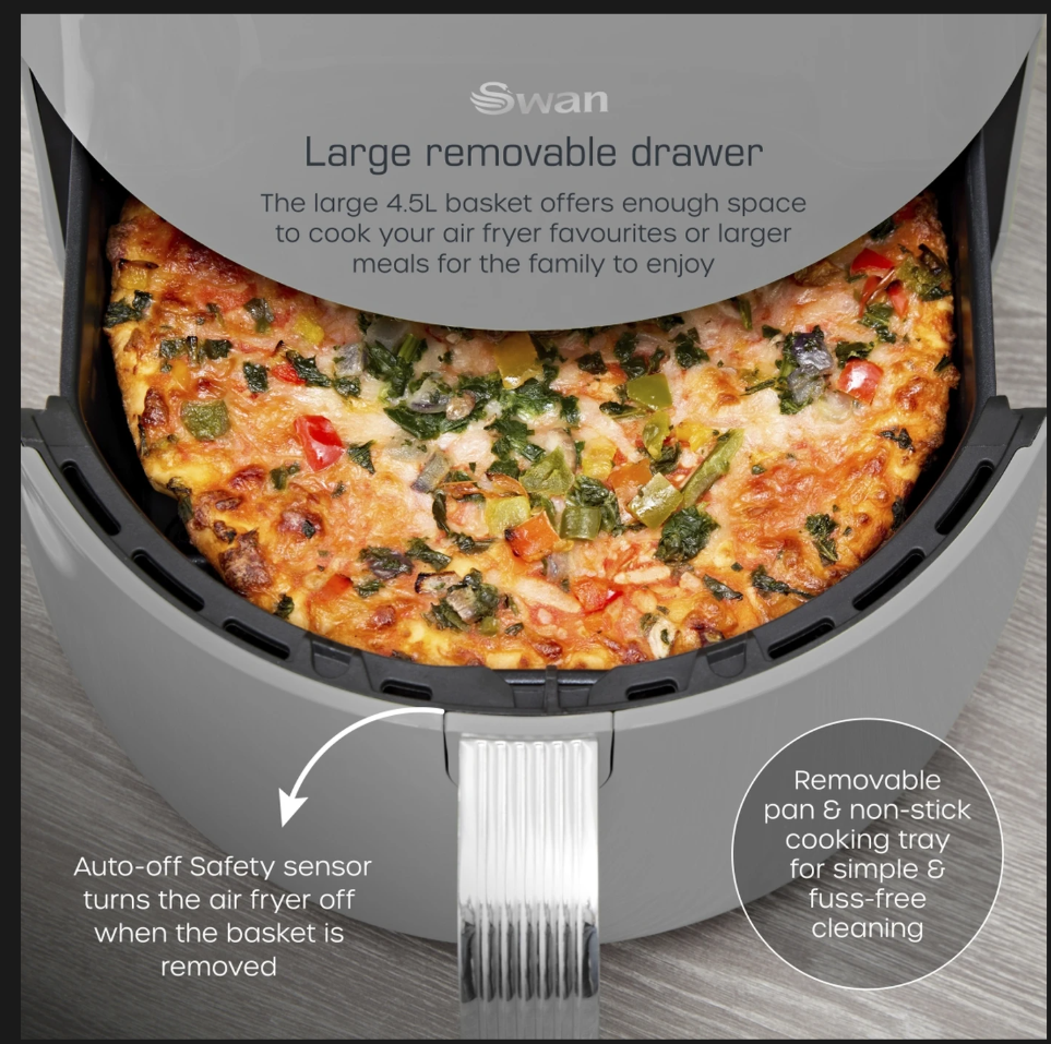 Swan Retro Digital Air Fryer with Swan Cyclone Technology - Grey, 4.5L, 1500W, 8 Pre Set Cooking Options, SD10513GRY