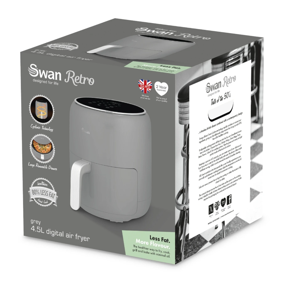 Swan Retro Digital Air Fryer with Swan Cyclone Technology - Grey, 4.5L, 1500W, 8 Pre Set Cooking Options, SD10513GRY