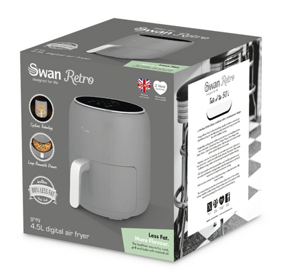 Swan Retro Digital Air Fryer with Swan Cyclone Technology - Grey, 4.5L, 1500W, 8 Pre Set Cooking Options, SD10513GRY