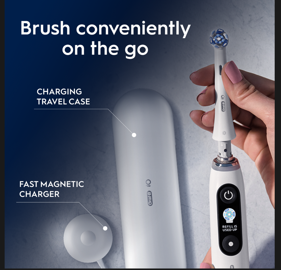 Oral-B iO9 Adult Electric Toothbrush, App Connected, 1 Toothbrush Head & Charging Travel Case, 7 Modes with Teeth Whitening, 2 Pin UK Plug, White