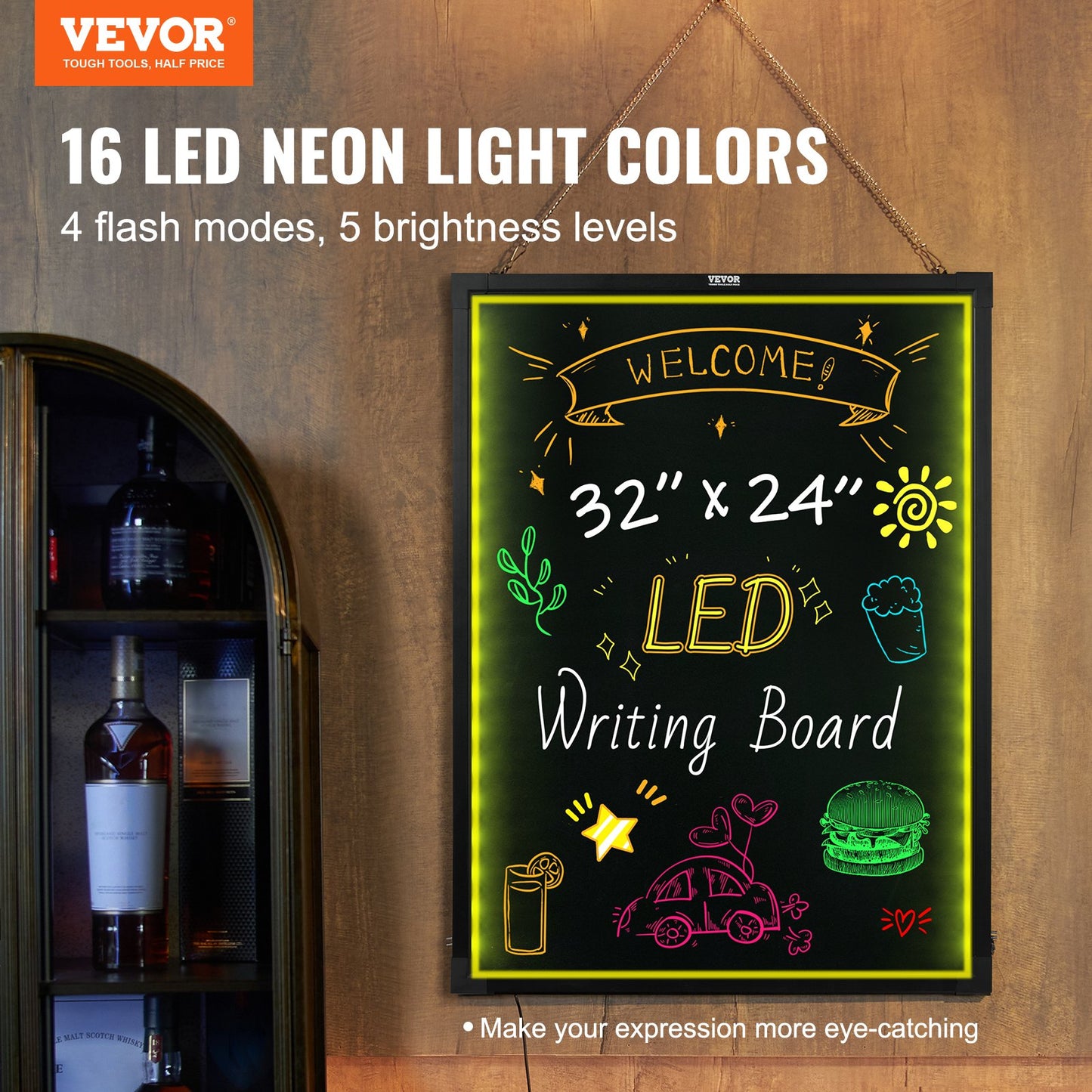 VEVOR LED Message Writing Board, Illuminated Erasable Lighted Chalkboard, Neon Effect Menu Sign Board, Drawing Board With 8 Fluorescent Chalk Markers And Remote Contro Tested ToStandards